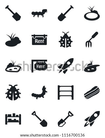 Set of vector isolated black icon - job vector, garden fork, shovel, lady bug, caterpillar, pond, rack, rent, bacon, rocket