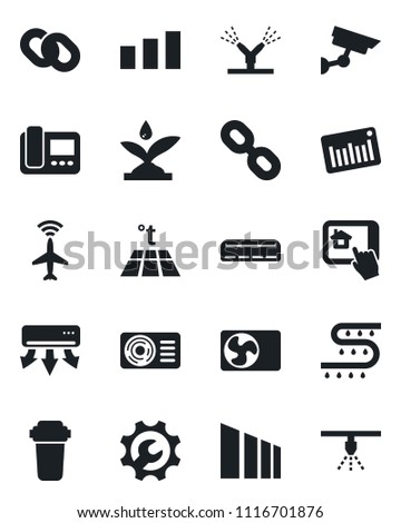 Set of vector isolated black icon - plane radar vector, drip irrigation, sorting, barcode, chain, root setup, air conditioner, intercome, home control app, water filter, warm floor, surveillance