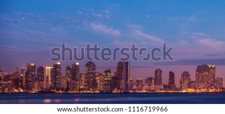 City of San Diego California. Dusk Skyline Panoramic Photo.
