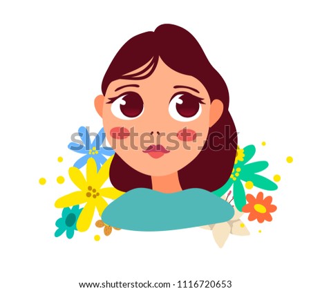 Vector illustration of portrait of a beautiful thoughtful girl with big eyes, brunette hair and flower on white background. Hand drawn flat style of girl for avatar profile, web, site, card. 