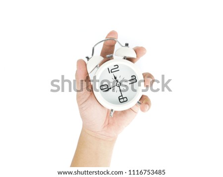 Hand holding White Retro clock an vintage style, isolated on white background