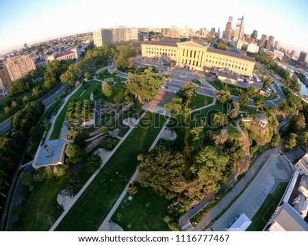 Evening Aerial View With Evening Sun Light Hitting The Building of The Philadelphia City Skyline From Perspective of Schuylkill River - Pennsylvania