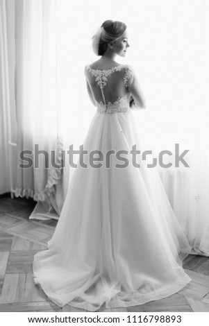 The full-length back view of the bride standing near the window. Photo in black colours.