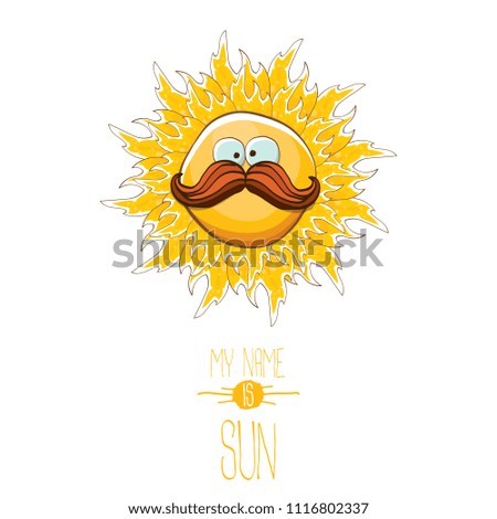 vector funky cartoon summer smiling sun character isolated on white background. My name is sun concept illustration. funky kids summer character with eyes and mouth