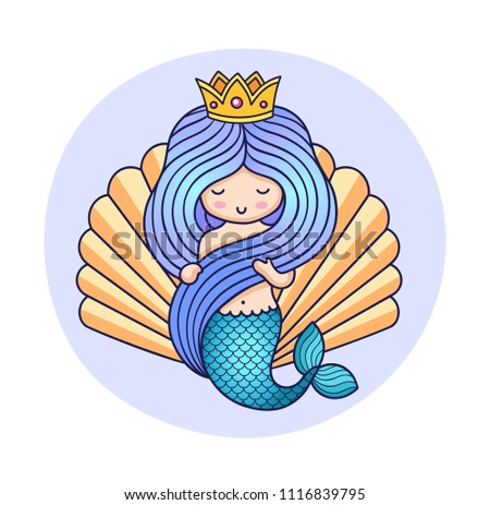 Queen mermaid on a background of a seashell. Cartoon character for poster, postcard, invitation. Colorful illustration. Print for kids, children's, babies fashion and clothes.