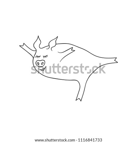 Free Hand Vector Illustration of Little Cartoon Pig Exercising Training Doing Workout in Arabesque Balance Posture. Cute Kawaii Funny Character. Coloring Page. Kids Sport Illustration for Motivation