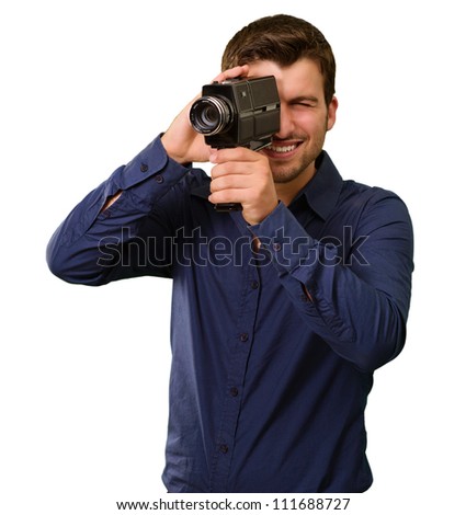 Young Man Holding Old Camera On White Background