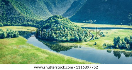 View of Canyon of Rijeka Crnojevica river, Skadar lake lacation. Impressive summer scene of Montenegro countryside. Beautiful world of Mediterranean countries. Beauty of nature concept background.