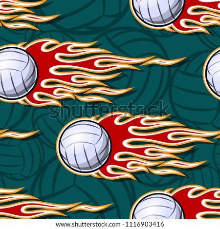 Volleyball ball seamless pattern with hot rod flame. Printable vector illustration. Ideal for wallpaper, packaging, fabric, textile, wrapping paper design and any decoration.