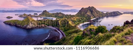 Panoramic view at top of 'Padar Island' in sunset (twilight) from Komodo Island, Komodo National Park, Labuan Bajo, Flores, Indonesia Royalty-Free Stock Photo #1116906686