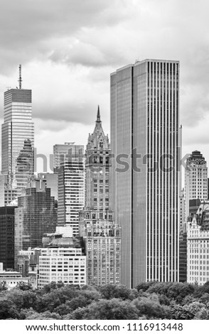 Black and white picture of New York City old and modern architecture, USA.