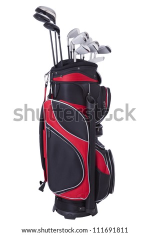 Golf clubs in red and black bag isolated on white Royalty-Free Stock Photo #111691811
