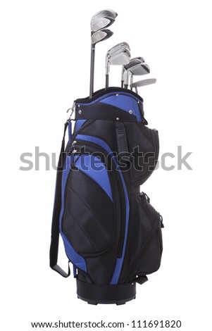Golf clubs in blue and black bag isolated on white Royalty-Free Stock Photo #111691820