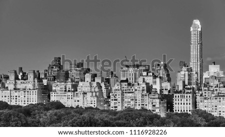 Black and white picture of Manhattan Upper East Side at dusk, New York City, USA.