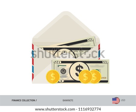 20 US Dollar Banknote. Flat style opened envelope with cash. Dollar banknotes and coins. Salary payout or corruption concept.