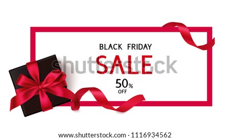 Black Friday Sale discount flyer template with black gift box and red bow. Vector gift card   Royalty-Free Stock Photo #1116934562