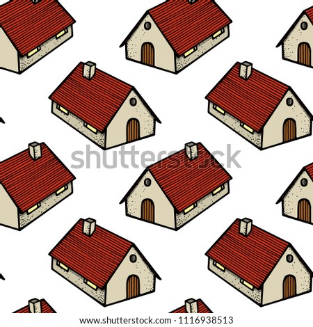 Vector seamless pattern with hand drawn rural houses. Beautiful design elements, ink drawing, logo template