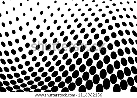 Black and white wavy halftone pattern. Background with points, dots, circles large scale. Futuristic twisted panel. Abstract monochrome backdrop. Dynamic style, motion design Vector illustration