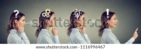 Emotional intelligence. Side view sequence of a woman thoughtful, thinking, finding solution with gear mechanism, question, exclamation, lightbulb symbols. Human face expression Royalty-Free Stock Photo #1116996467