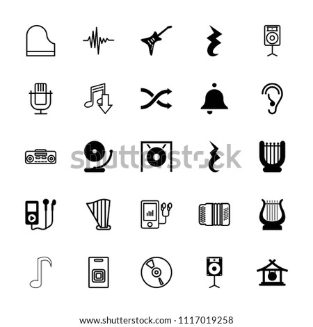Sound icon. collection of 25 sound filled and outline icons such as gong, harp, ear, guitar, pause, loudspeaker, mp3 player. editable sound icons for web and mobile.