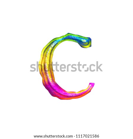 Fun colorful metallic letter C (lowercase) in a 3D illustration with a multicolor painted metal style and jagged edge font isolated on a white background with clipping path