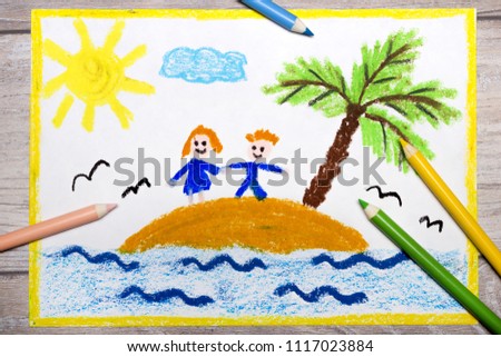 Photo of colorful drawing: Smiling couple on a small island in the ocean,  vacation under the palm tree