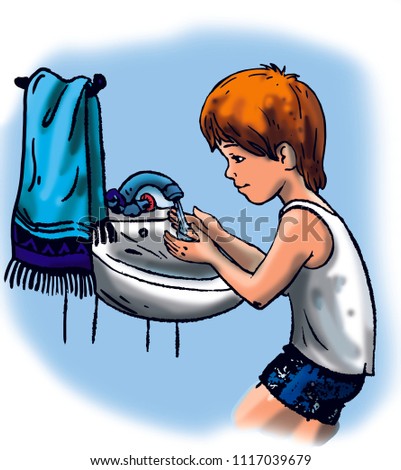 The painted boy is washing his hands