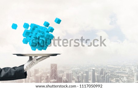 Cropped image of waiter's hand in white glove presenting multiple cubes on metal tray with cityscape view on background. 3D rendering.