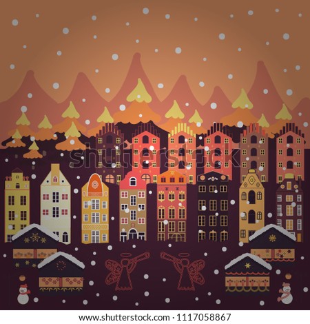 Unusual christmas illustration postcard on orange, brown and pink colors. Vector illustration. Amazing fairy house decorated at christmas in magical forest.