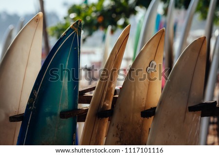 Set of different color surf boards in a stack by ocean.WELIGAMA, SRI LANKA. Surf boards on sandy Weligama beach in Sri Lanka. surf is available all year around for beginner and advanced Royalty-Free Stock Photo #1117101116