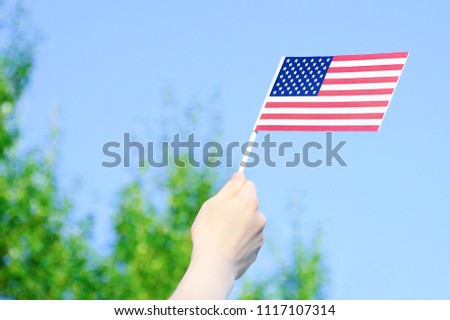 The US flag in hands against a blue clear sky and green trees. Close-up.