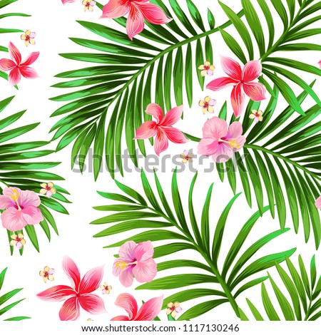 Seamless hand drawn exotic vector pattern with green palm leaves and hibiscus flower. Trendy print.