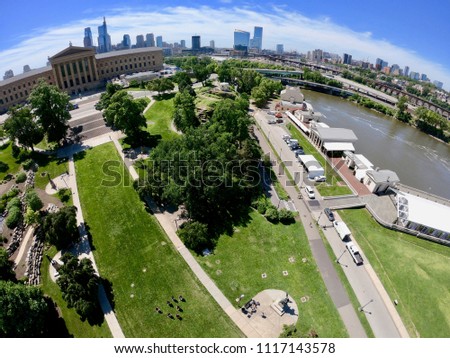 Aerial View of Philadelphia Skyline From Perspective of The Schuylkill River in The Fairmount Park System on A Hot Summer Day - Philadelphia Pennsylvania