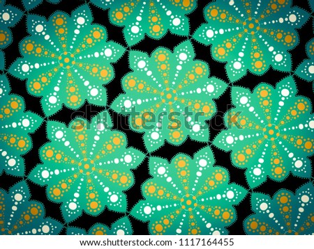 A hand drawing pattern made of turquoise yellow and white on a black background.
