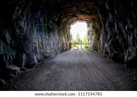 Light at the end of the tunnel at Myra Canyon in Kelonwa, British Columbia, Canada. Concept of conquering adversity or success through obstacles. Royalty-Free Stock Photo #1117194785