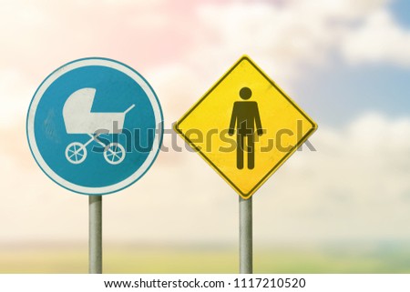 Paternity, adoption, single father - baby stroller and man. Road signs.