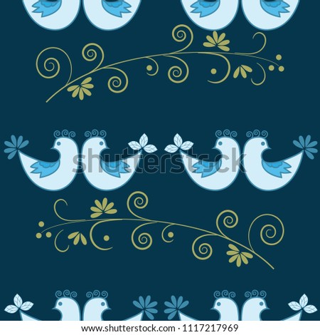 Birds and twig seamless pattern. Fashion white graphic on blue background. Modern stylish abstract texture. Design colorful template for prints, textile, wrapping, wallpaper. Vector illustration