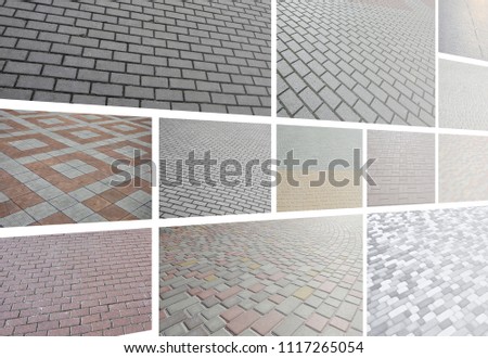 A collage of many pictures with fragments of paving tiles close-
