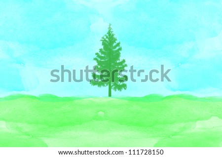 tree on green field and blue sky watercolor background