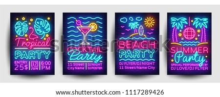 Summer party posters collection neon vector. Summer party design template, bright neon brochure, modern trend design, light banner, typography invitation to the party, advertising postcard. Vector