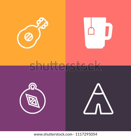 Modern, simple vector icon set on colorful background with direction, hiking, south, east, concert, coffee, mountain, tourism, west, black, breakfast, nautical, leisure, recreation, north, green icons