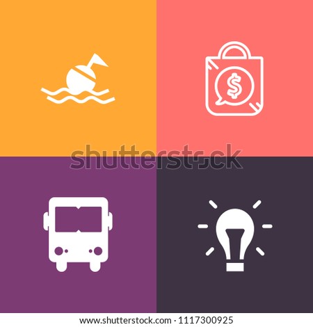 Modern, simple vector icon set on colorful background with electric, market, glass, rescue, sale, light, concept, retail, shop, lamp, bus, road, white, sign, sos, idea, help, belt, discount, bag icons