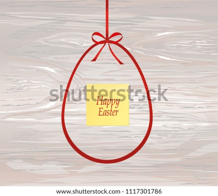 Red bow in the shape of the Easter egg. Greeting card or invitation for a holiday.  Yellow sheet of paper for notes. Sticker.  Empty place for text or advertising. Vector on wooden background.