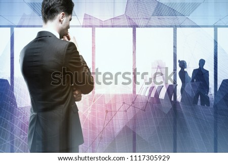 Businessman with forex chart standing on abstract office background. Broker and analysis concept. Double exposure 
