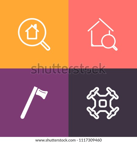 Modern, simple vector icon set on colorful background with hammer, robot, photography, equipment, search, spanner, aircraft, sky, pliers, website, property, online, home, business, building, fly icons