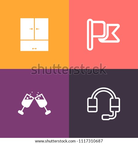 Modern, simple vector icon set on colorful background with call, drink, wardrobe, headset, audio, beverage, wine, black, flag, equipment, white, usa, national, america, merlot, cabernet, banner icons