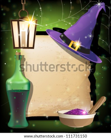 Witch hat, lantern, bottle of potion,  mortar with powder and ancient manuscript on a sparkling background. Magic accessories