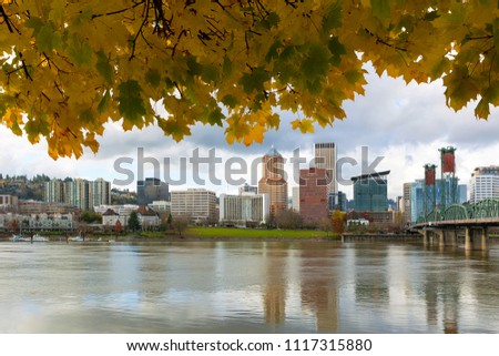 Portland Oregon downtown waterfront city skyline from under maple tree in fall season