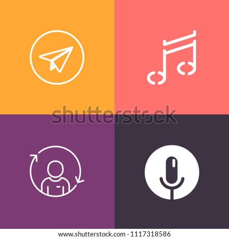 Modern, simple vector icon set on colorful background with email, audio, envelope, website, background, melody, internet, music, key, rotation, message, microphone, send, silhouette, support icons