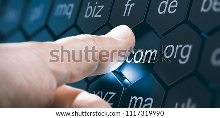Man selecting a domain extention by pressing an hexagonal button. Composite image between a hand photography and a 3D background.